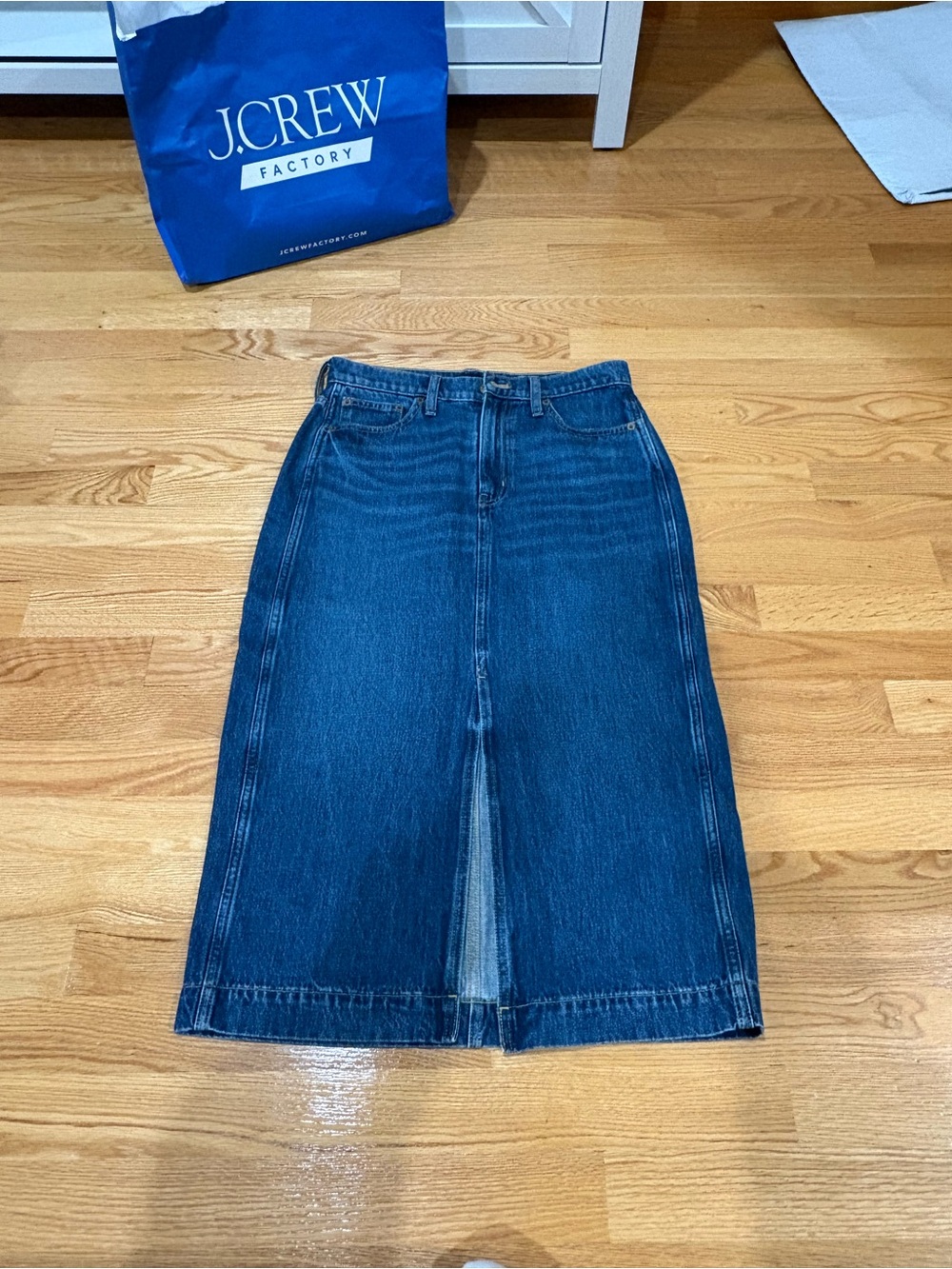 J. Crew Dark Blue Denim Midi Skirt with Front Slit